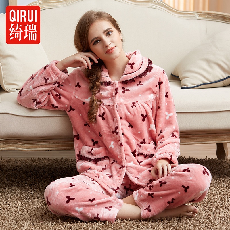【加厚冬季秋天法兰绒<em>睡衣</em>女<em>珊瑚绒睡衣</em>家居服
