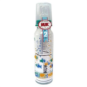 NUK250ML 耐高温玻璃彩色奶瓶(带2号标准口径中圆孔硅胶仿真通气奶嘴)(多种颜色随机发货)