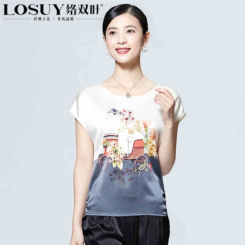 【<em>络双叶女装</em>2015夏装新款桑蚕丝短袖T桖套头