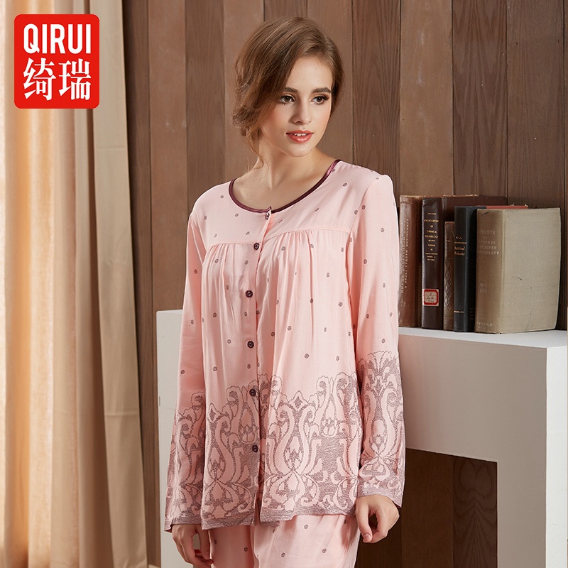 【绮瑞居家休闲成熟妈妈款前<em>纽扣</em>中年女<em>睡衣</em>春