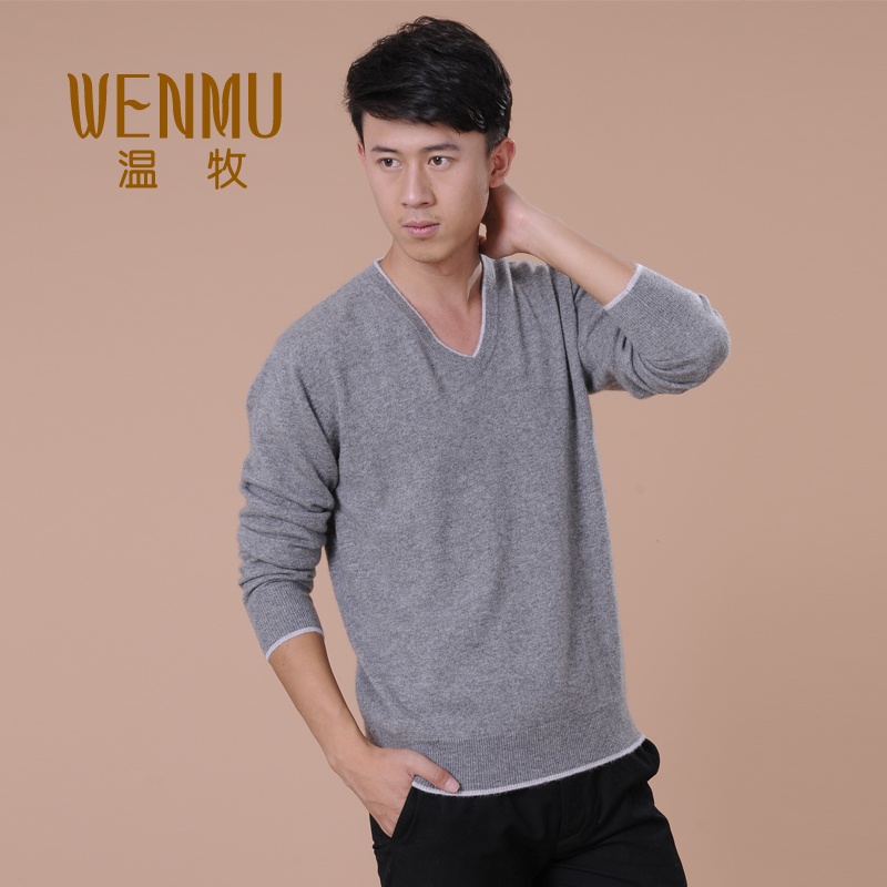 【温牧 山羊绒衫男秋冬新款经典V领加<em>白边</em>羊绒