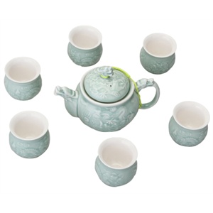 [当当自营]苏氏 新绿釉浮雕双龙戏珠7头茶具组75181