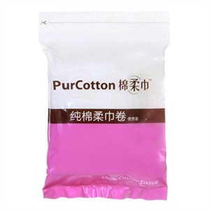 PurCotton 全棉时代 粉色袋装全棉棉巾卷平纹40gx9cm宽,12cm/节,60片/卷