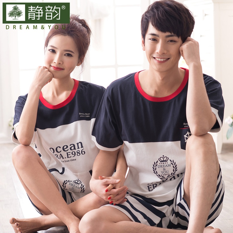 【静韵2014新款夏季情侣睡衣<em>女海军</em>风短袖纯