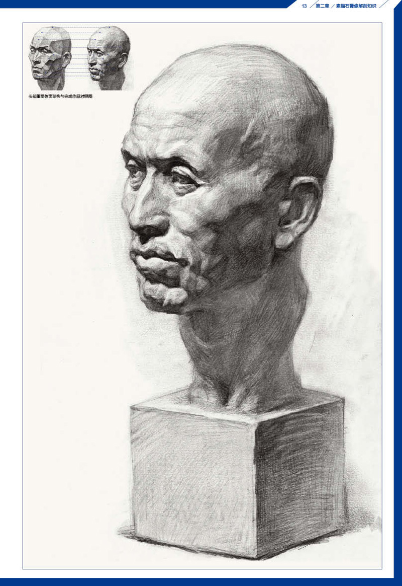 训练目的 1. 可以掌握头部形体的塑造和表现方法,提高素描刻画和表现能力。 2. 循序渐进地掌握如何绘画素描头像的明暗、形体结构、透视规律以及画面表现等能力。 3. 养成严谨的观察和造型习惯,建立立体的形象思维,提高造型审美和艺术修养。 训练内容 1. 石膏像材料颜色统一,不必考虑其本身固有色对形体明暗的干扰,有利于素描初学者集中精力研究 光线对形体的影响,掌握素描石膏像色调基本规律。 2.