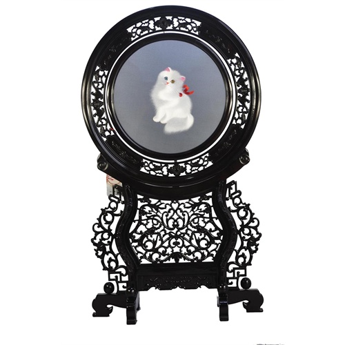 刺绣精品 苏绣白猫 檀木双面绣摆件 高档外事礼品 中国特色礼品